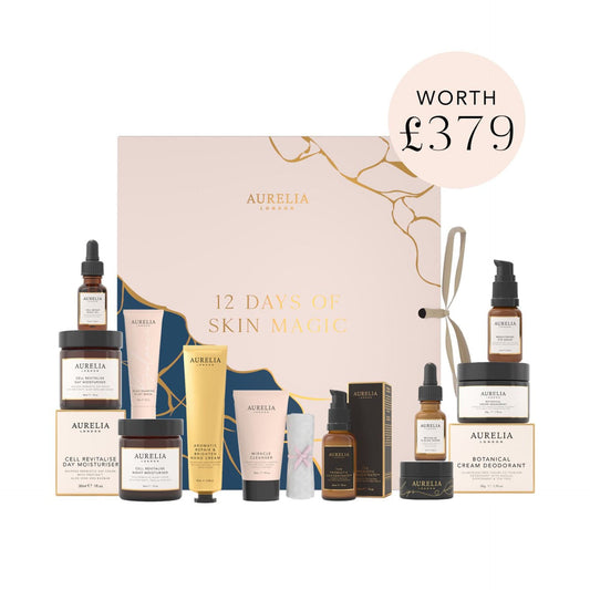 Aurelia skincare product set with a decorative box labeled '12 Days of Skin Magic' worth £379.