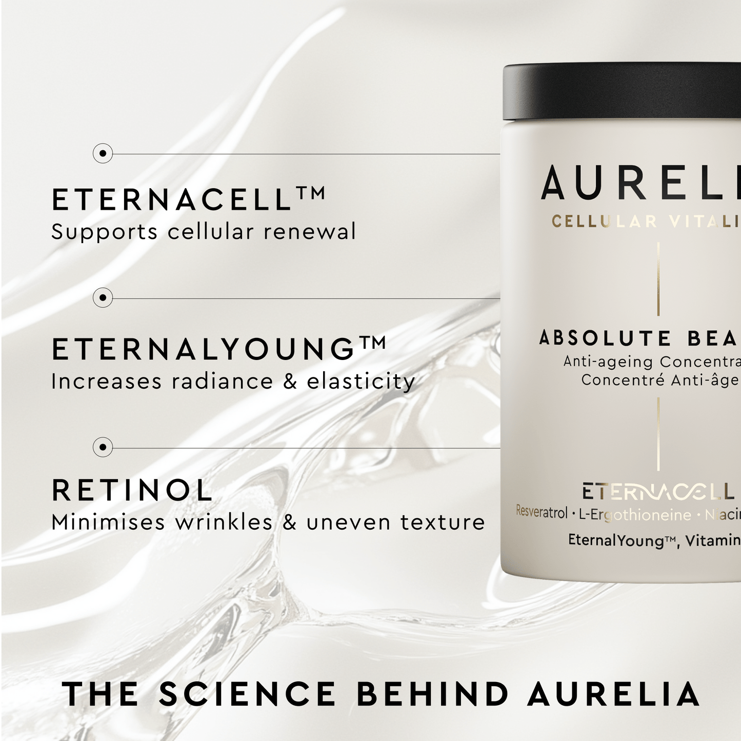 Aurelia skincare product with text highlighting ingredients and benefits on a white background