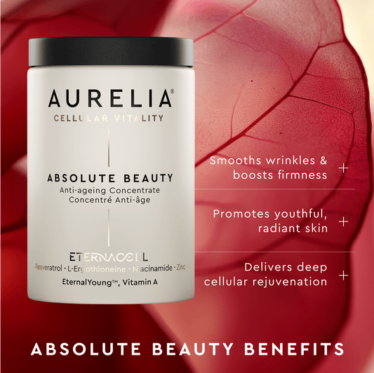 Aurelia Absolute Beauty product with benefits text on a red background