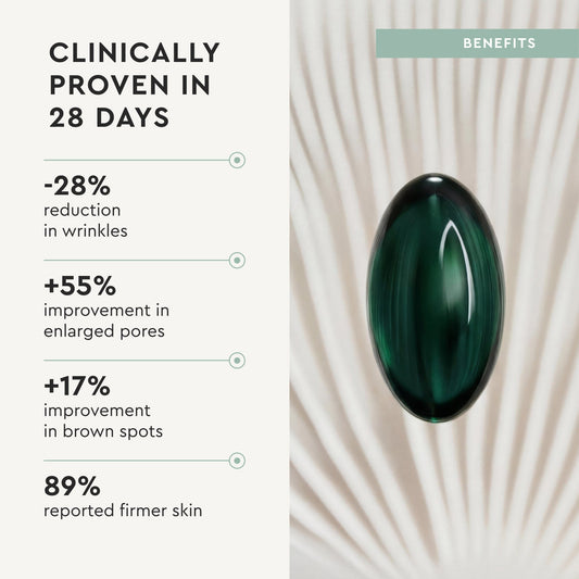 Green capsule with clinical benefits text on a light background