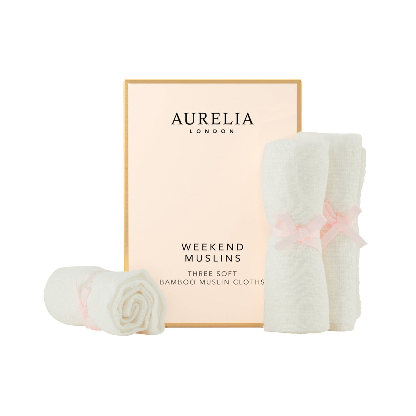 Aurelia London Weekend Muslins packaging with three bamboo muslin cloths on a white background