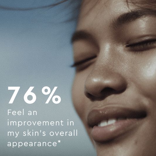 Close-up of a person's face with text about skin improvement