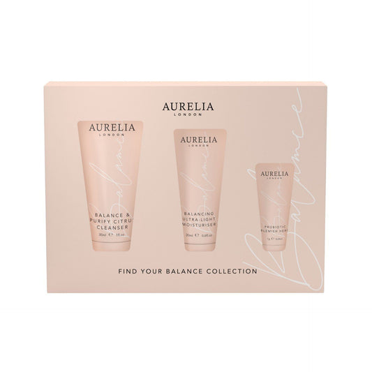Aurelia London find your balance collection with three products on a beige background
