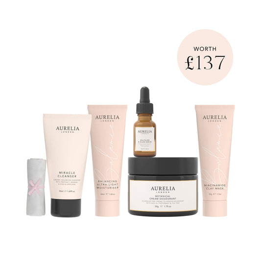 Aurelia skincare product set on a white background with a price tag of worth £137.
