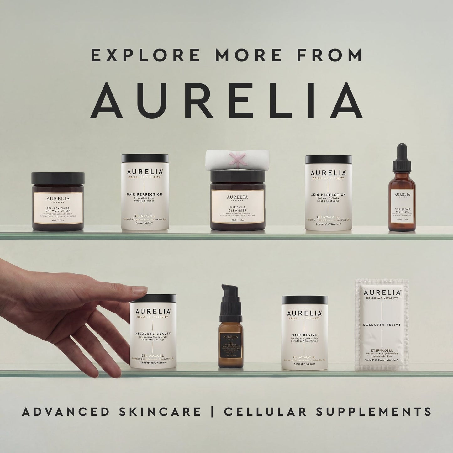 Aurelia Advanced Skincare and Cellular Supplement products on shelves with a hand reaching out, against a light gray background.