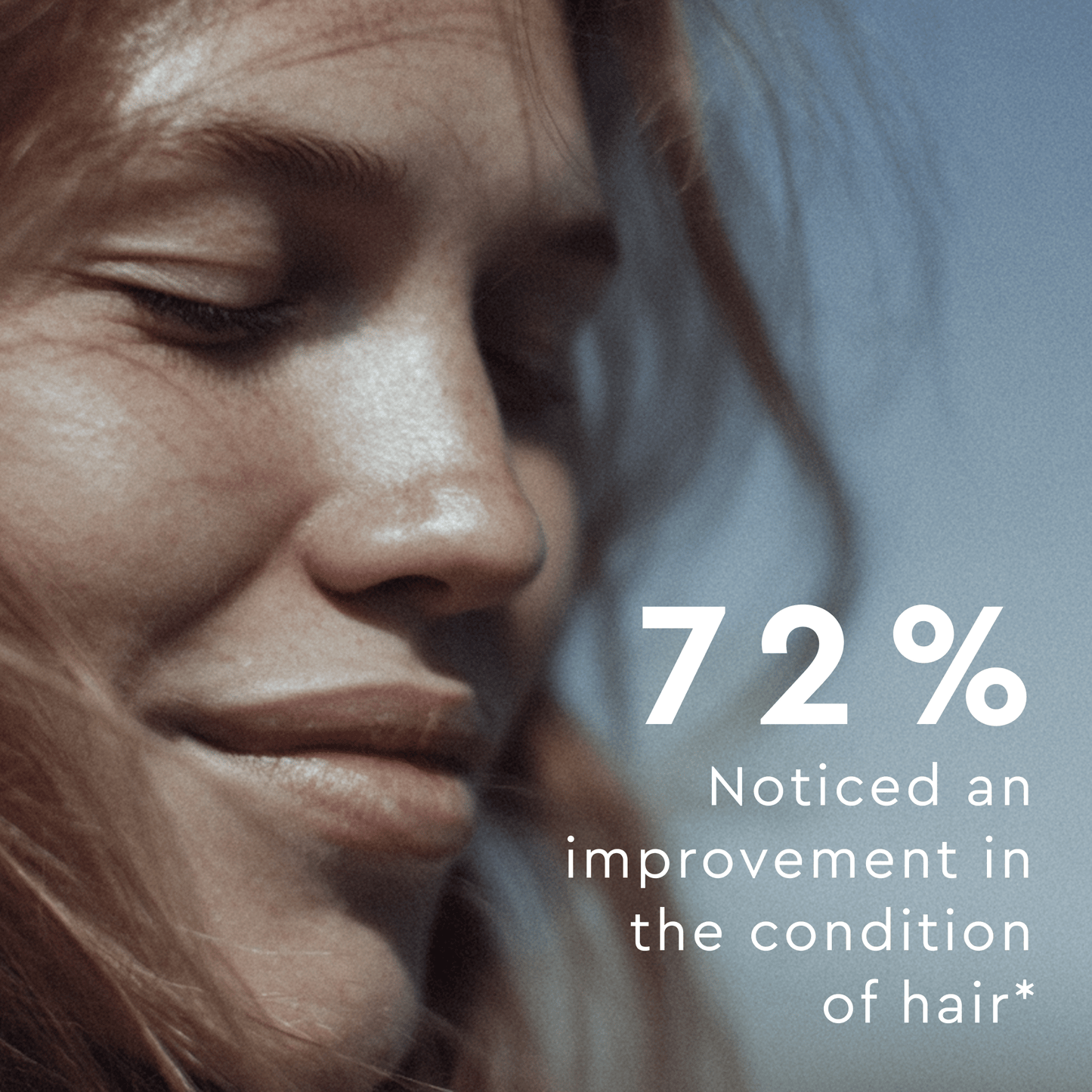 Close-up of a person with text about hair condition improvement