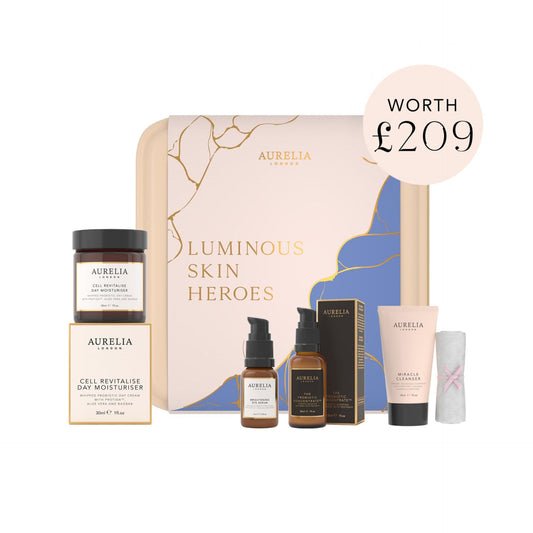 Aurelia luminous skin heroes product set with various bottles and boxes on a white background worth £209