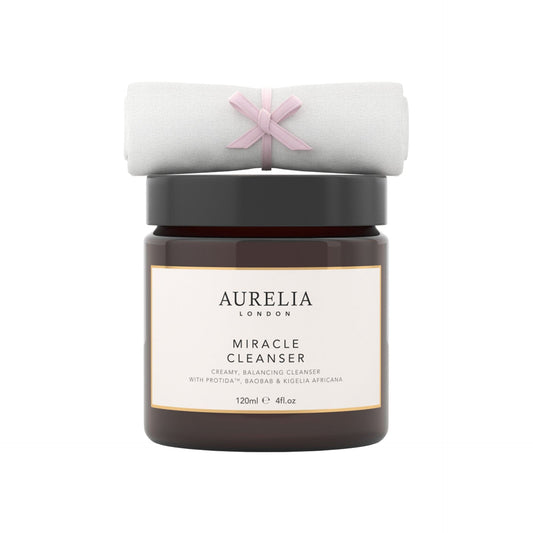 Aurelia London Miracle Cleanser with a white muslin on a white background