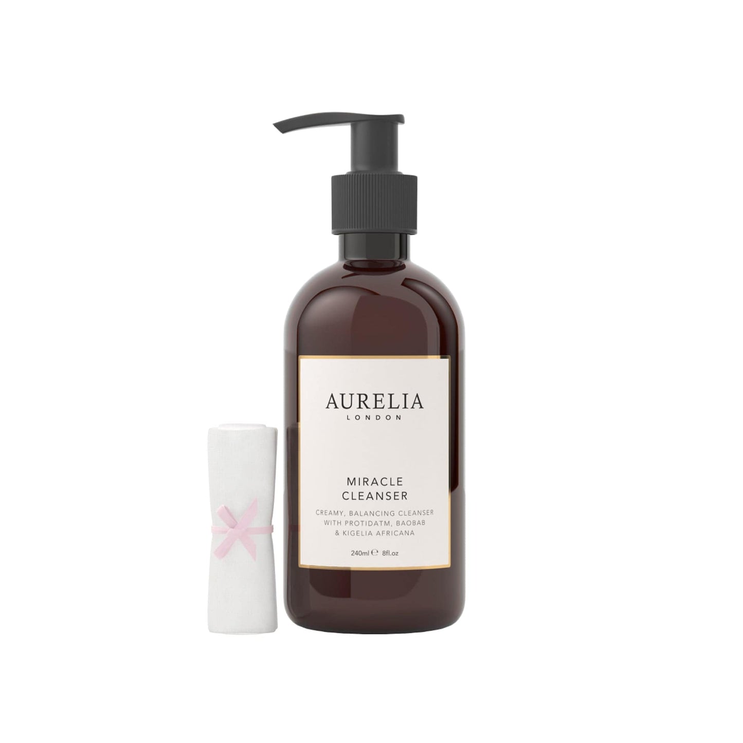 Aurelia London miracle cleanser with pump bottle and small white muslin on a white background
