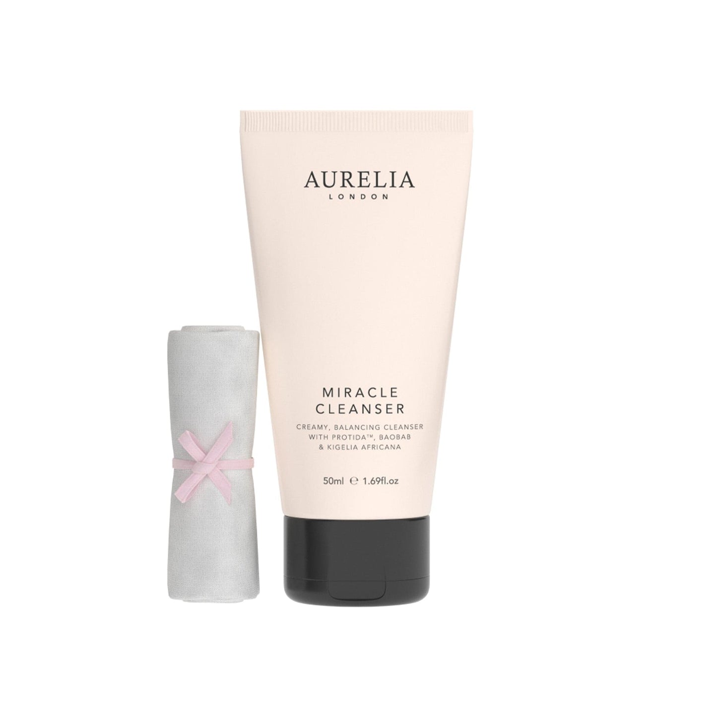 Aurelia London Miracle Cleanser tube with a small white muslin on a white background
