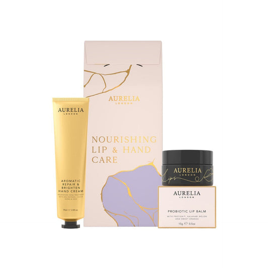 Aurelia lip and hand care products including a tube, box, and balm on a white background.