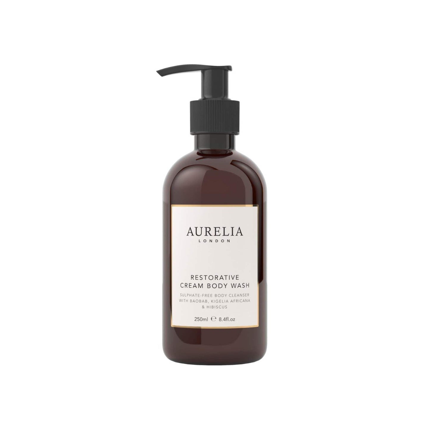 Brown bottle of Aurelia London restorative cream body wash on a white background