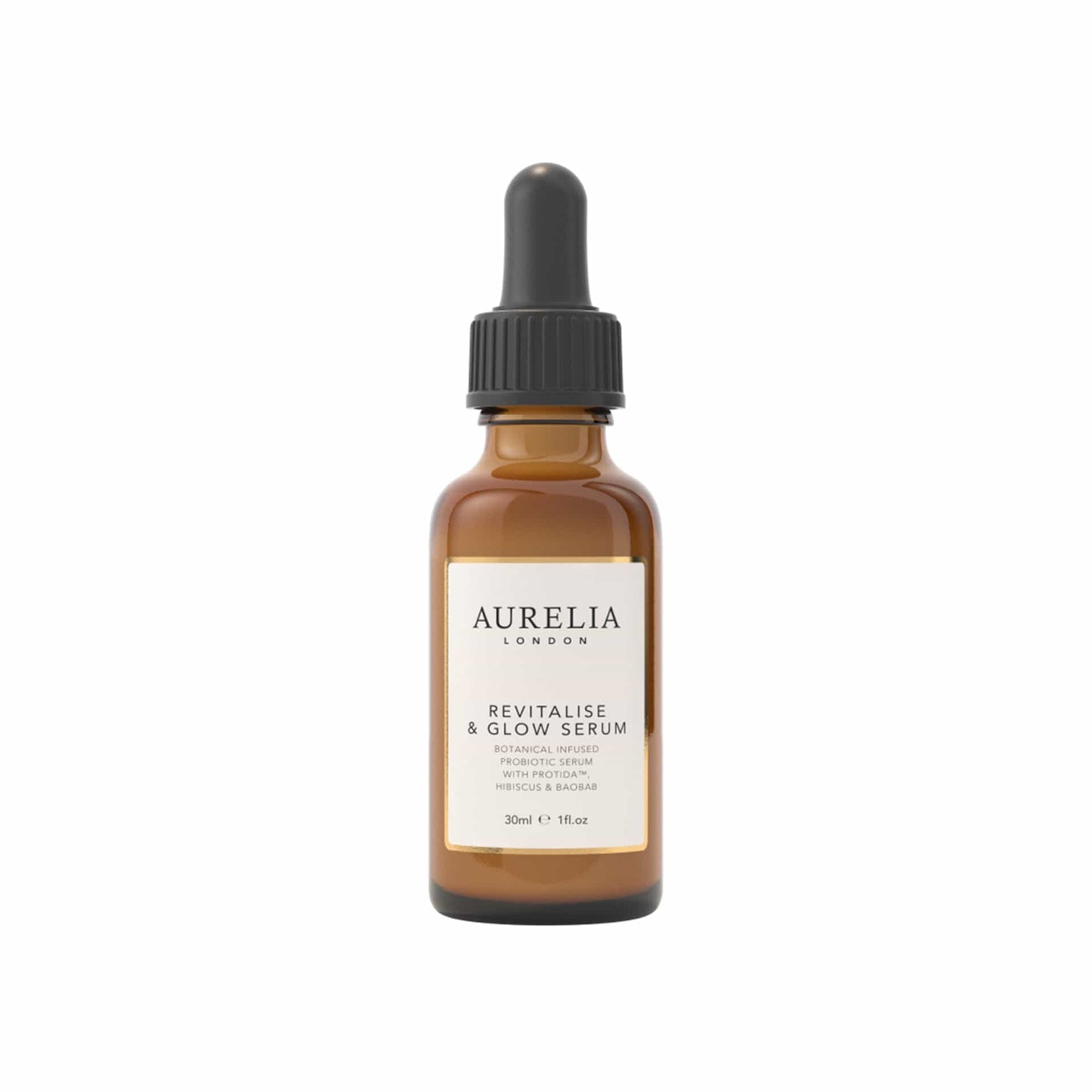 Aurelia London revitalise & glow serum bottle on a white background