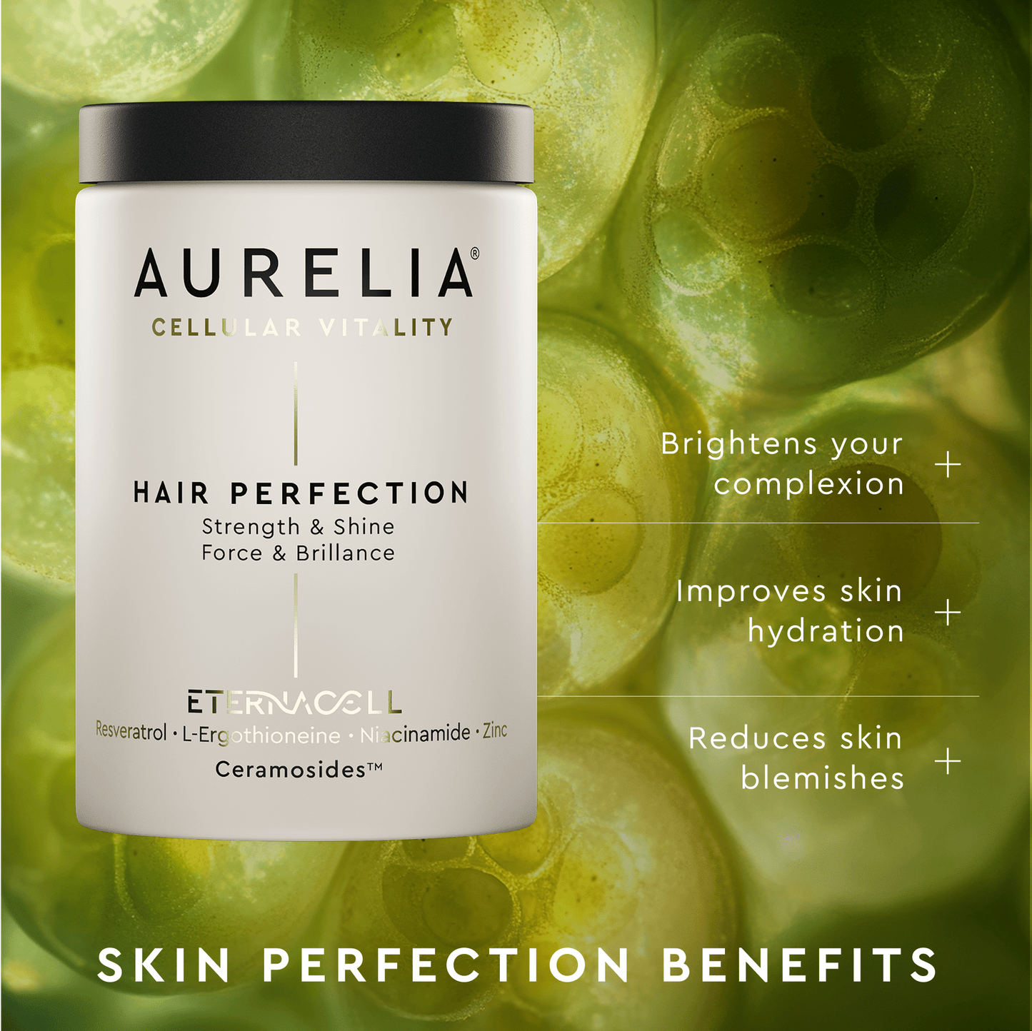 Aurelia Hair Perfection product with skin perfection benefits on a green background