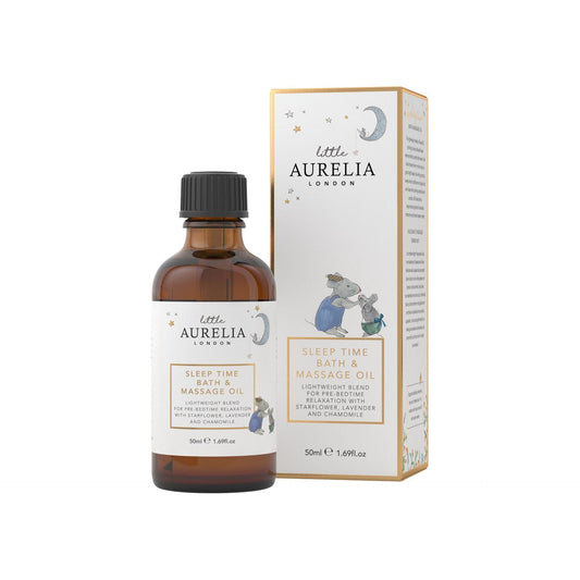 Sleep time bath and massage oil with packaging from Little Aurelia London on a white background