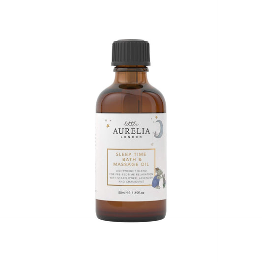 Aurelia London sleep time bath and massage oil bottle on a white background