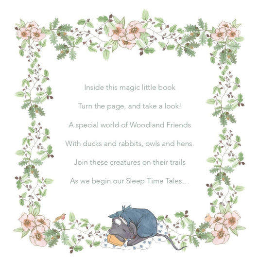 Book cover with floral border and illustration of a sleeping creature, text about Woodland Friends and Sleep Time Tales.
