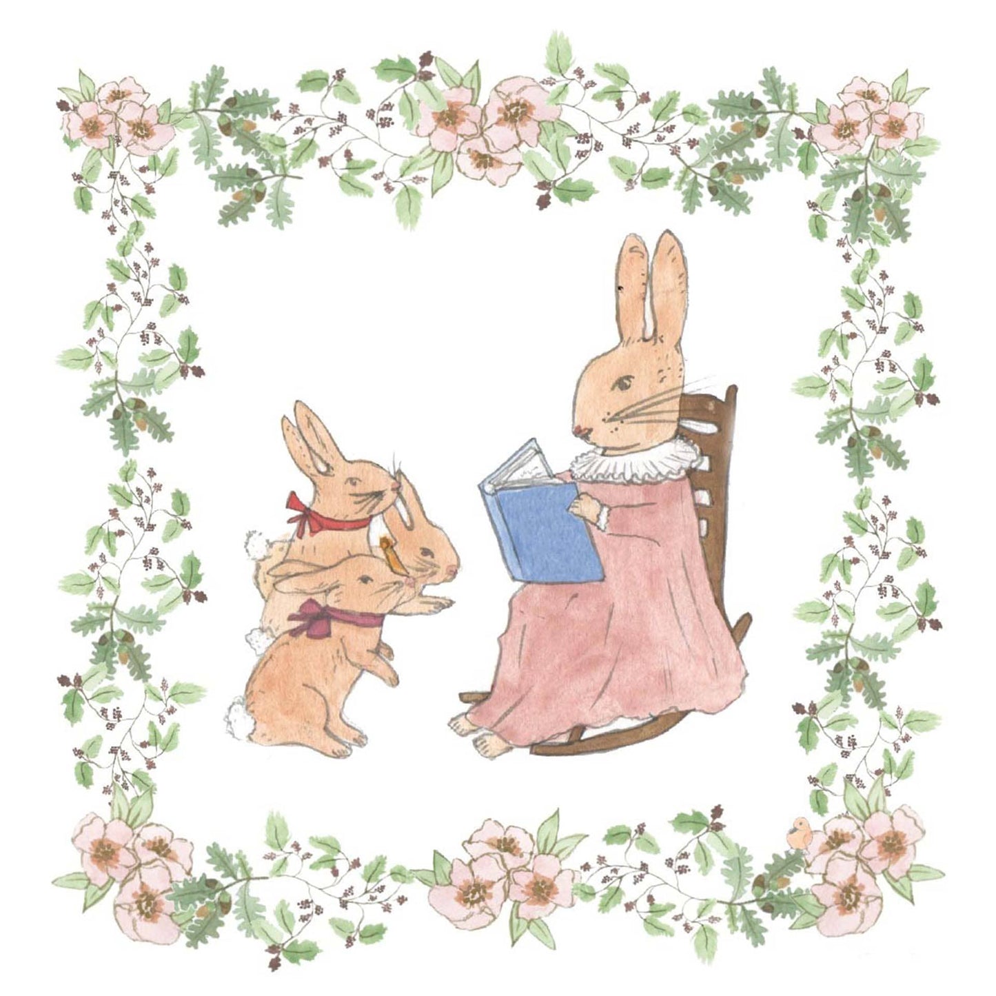 Illustration of a rabbit reading a book to two other rabbits in a decorative frame with flowers and leaves.