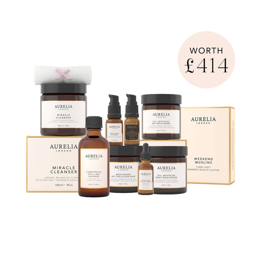 Aurelia skincare product set on a white background with a price tag indicating £414 value.