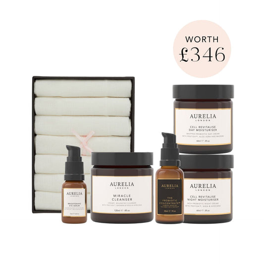 Aurelia skincare product set with various bottles and jars on a white  background worth £346