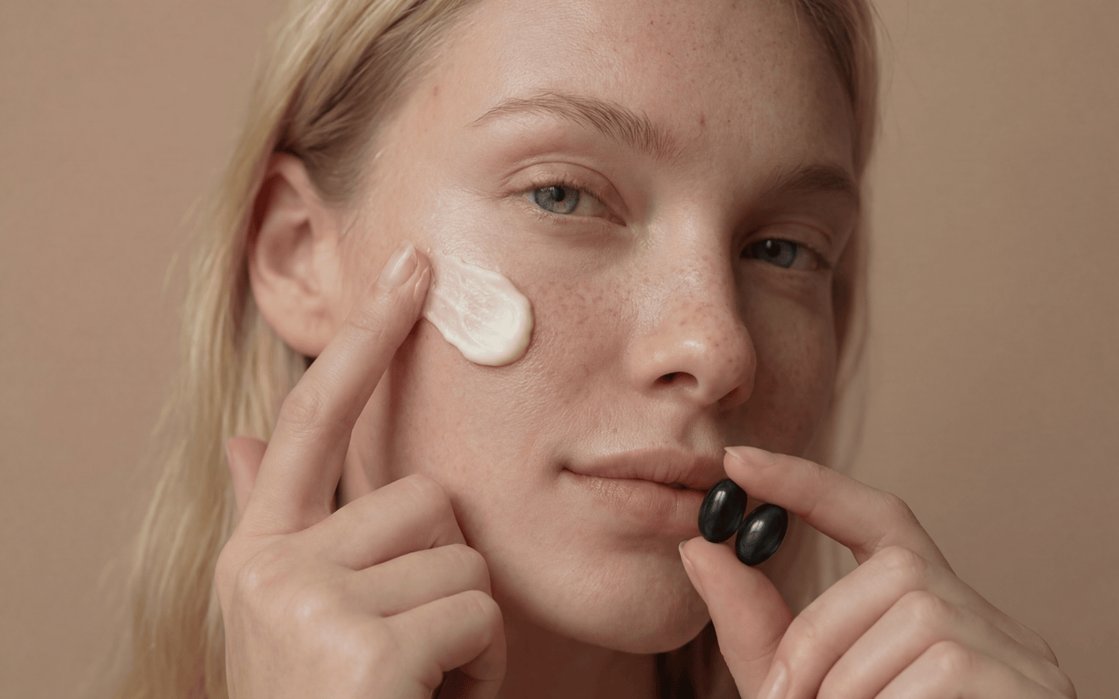 Woman applying cream to her face while holding on two soft gels with a neutral background