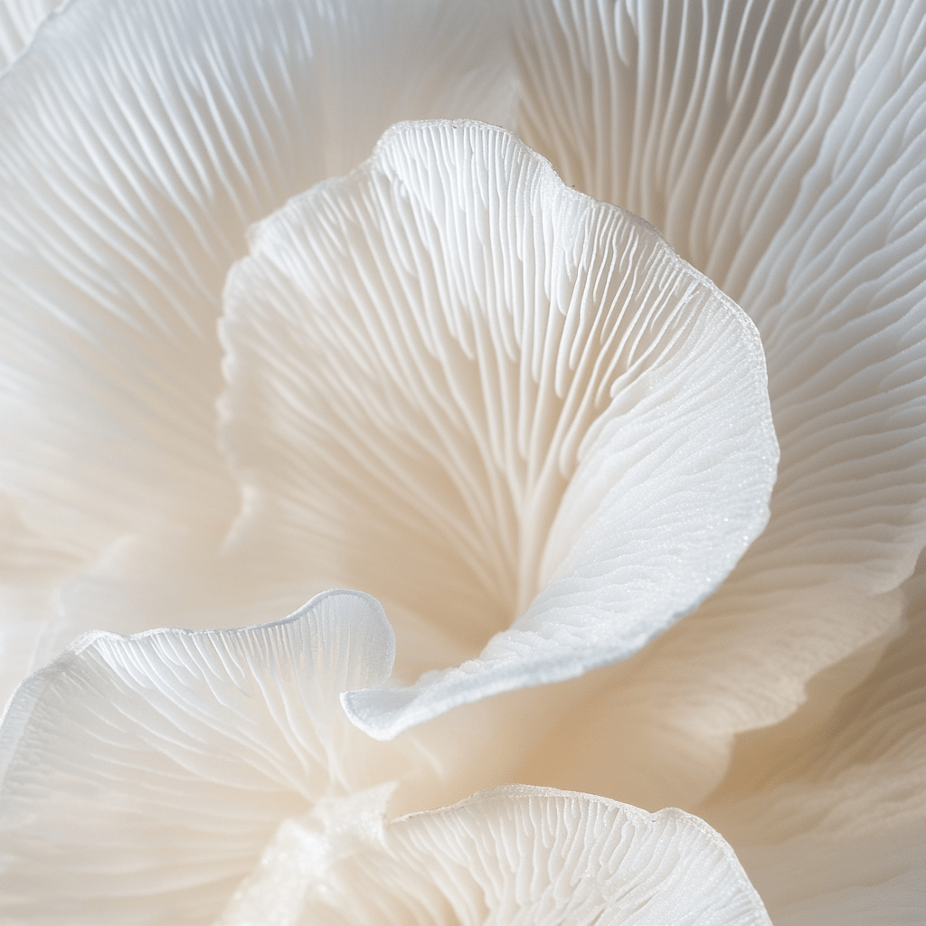 Close-up of white mushroom gills on a light background