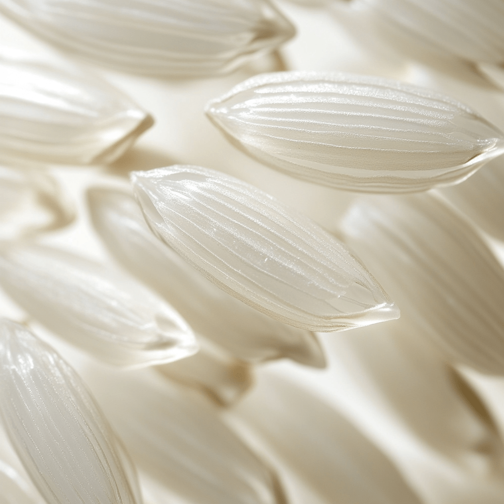 Close-up of white, rice husks on a mirror background