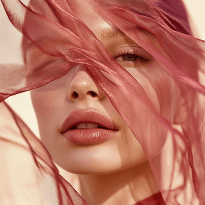 Close-up of a woman's face with pink fabric partially covering her eyes.