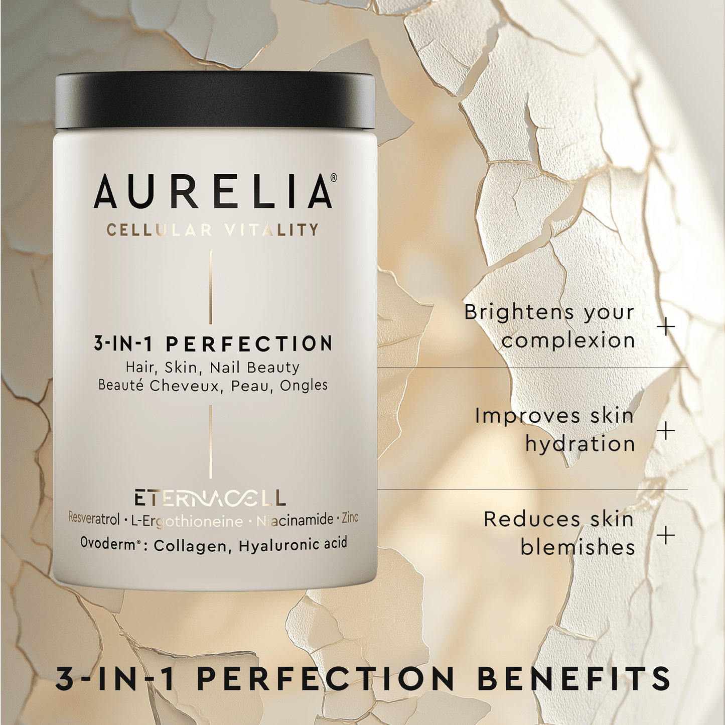 Aurelia 3-in-1 Perfection product with benefits listed on a textured beige background