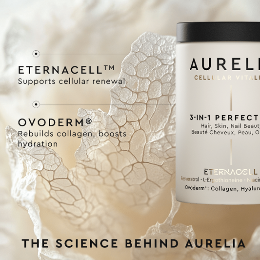 Aurelia 3-in-1 perfection product with text highlighting ingredients and benefits on a beige background