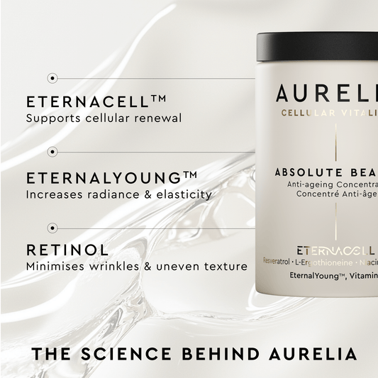 Aurelia skincare product with text highlighting ingredients and benefits on a white background