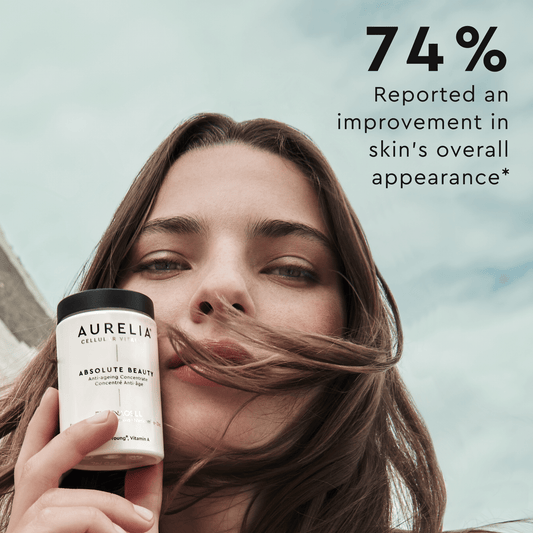 Woman holding Aurelia product with text about skin improvement