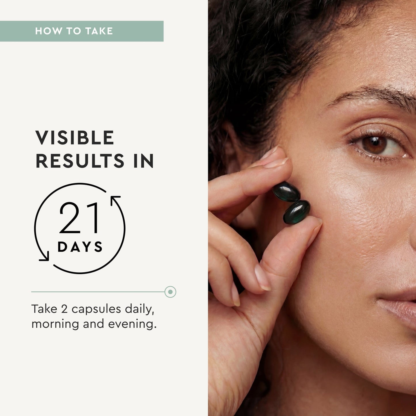 Advertisement for a skincare product showing a close-up of a woman's face with text about visible results in 21 days.