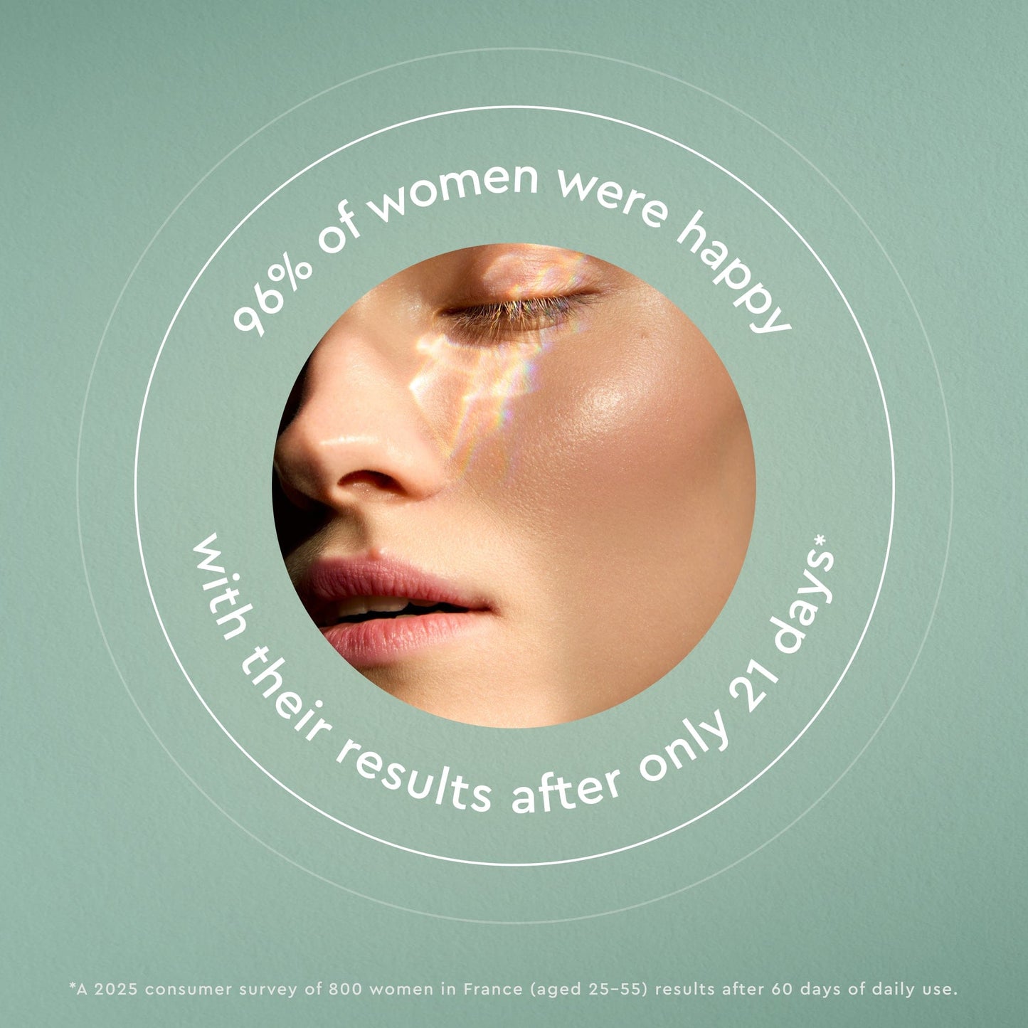 Advertisement showing a woman's face with text about skincare results after 21 days on a light green background.