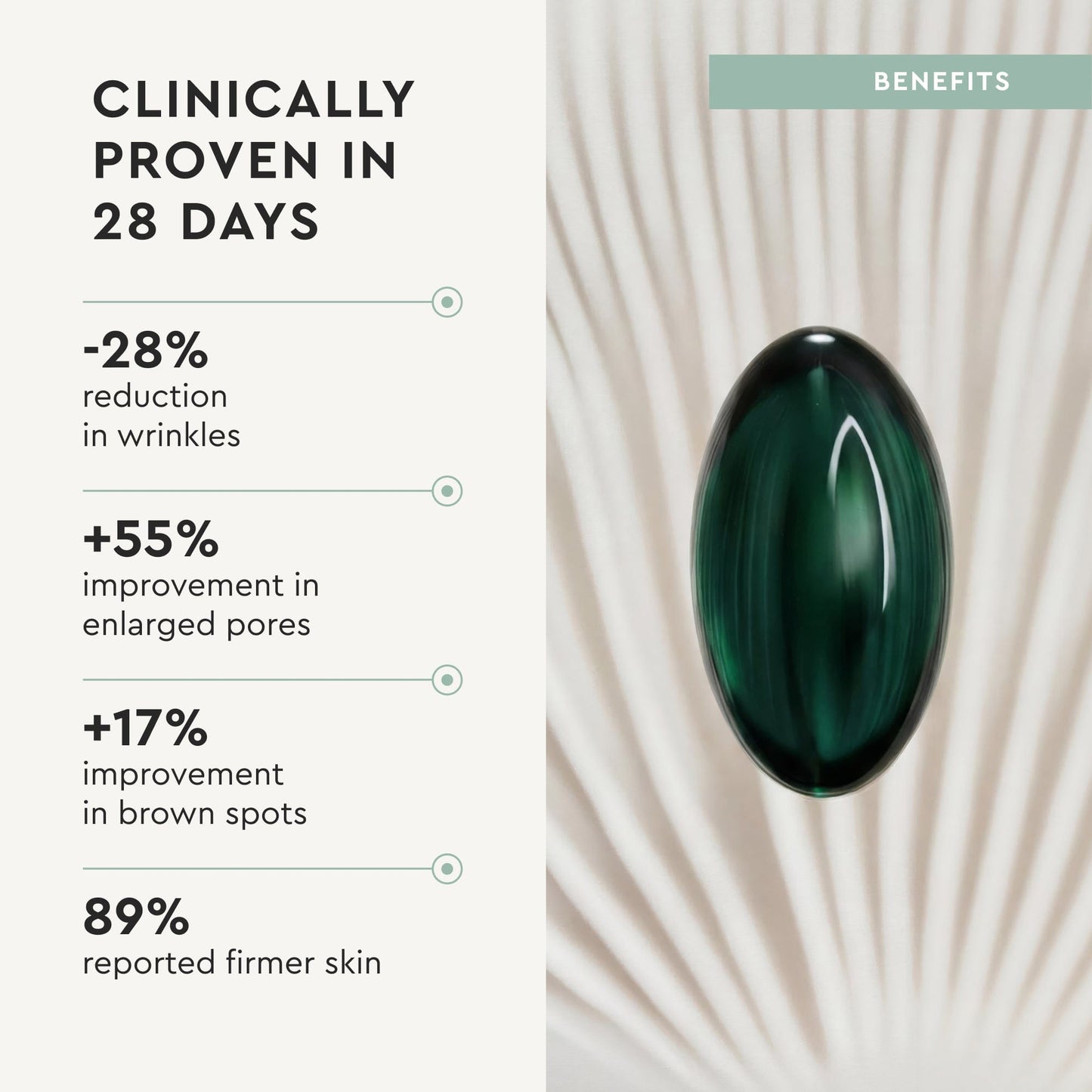 Green capsule with clinical benefits text on a light background