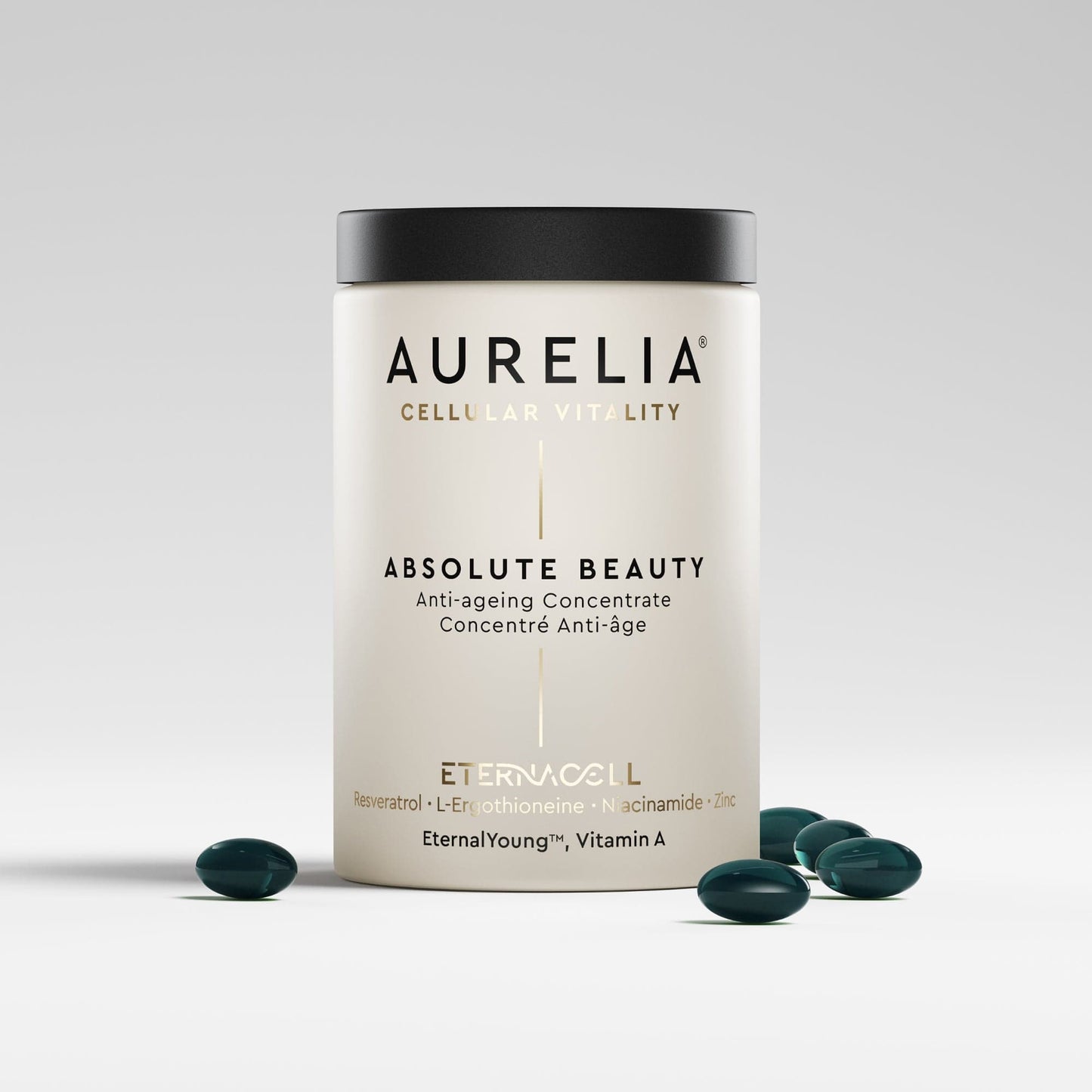 Aurelia Absolute Beauty supplement container with capsules on a light gray background