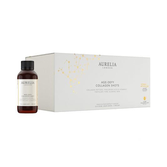 Aurelia Age-Defy Collagen Shots bottle and packaging on a white background
