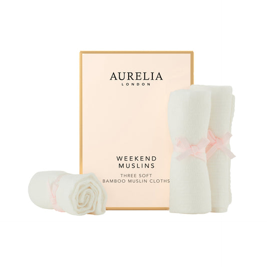 Aurelia London Weekend Muslins packaging with three bamboo muslin cloths on a white background