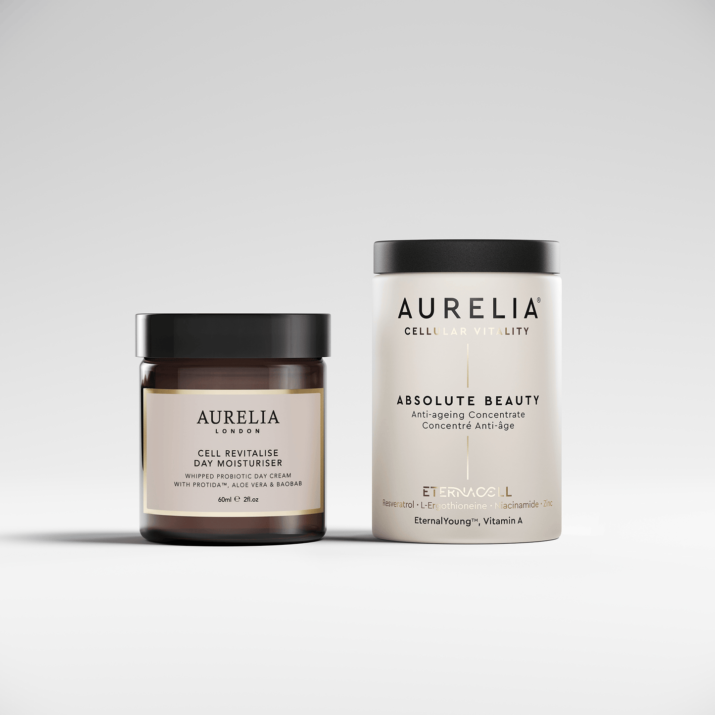 Aurelia Cell Revitalise Day Moisturiser and Absolute Beauty on a light gray background