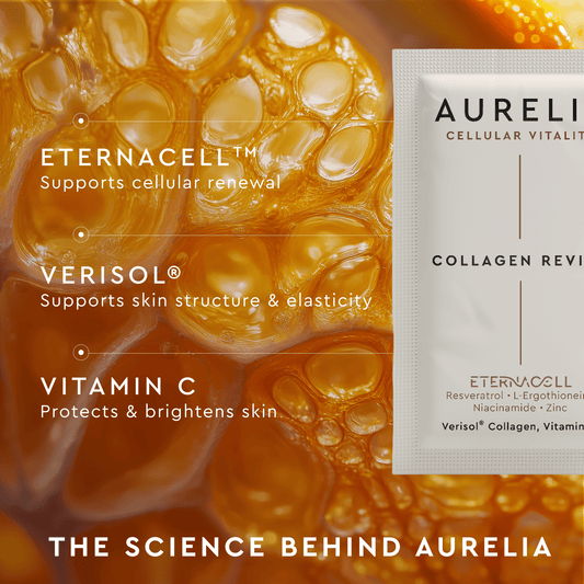 Aurelia skincare product with ingredients and benefits displayed on a honeycomb background