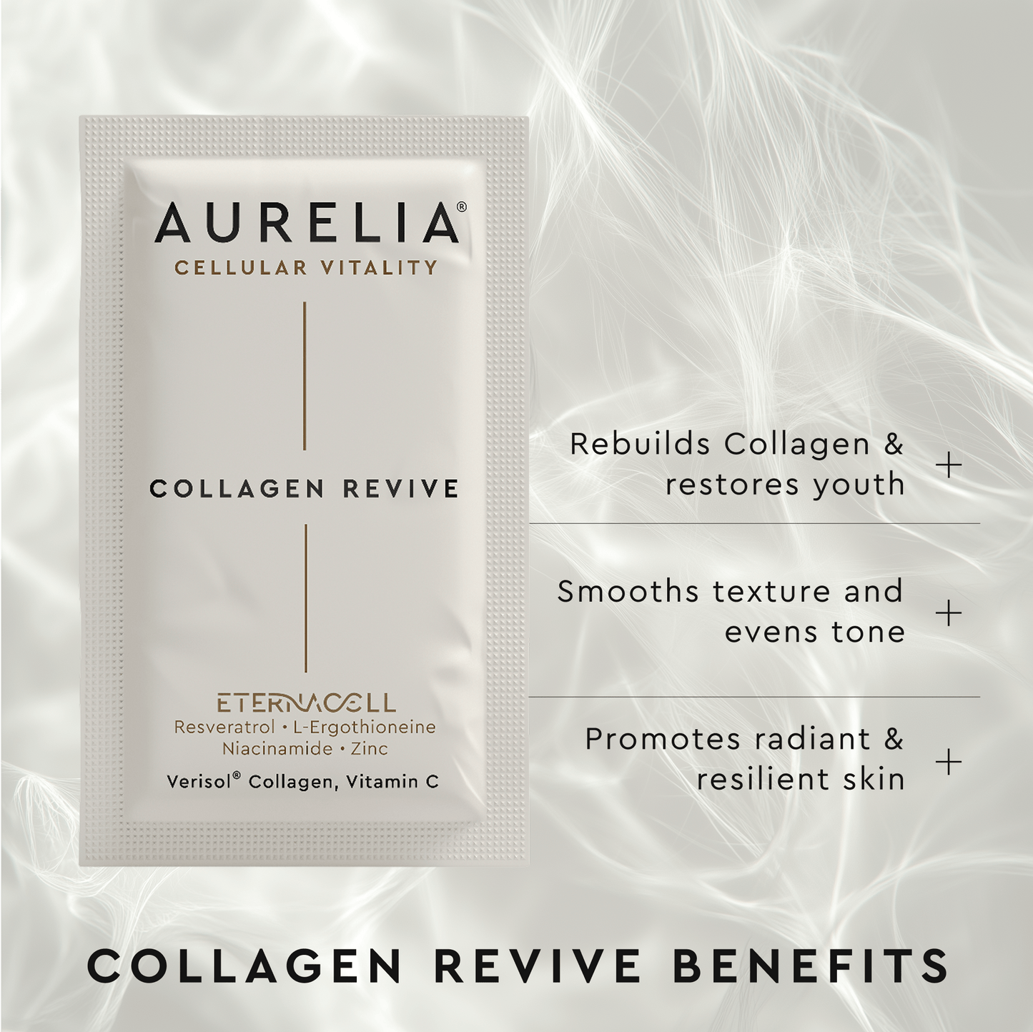 Aurelia Collagen Revive package with benefits text on a textured background