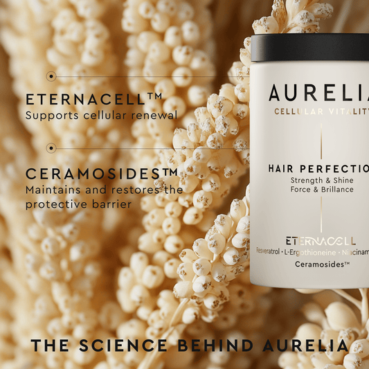 Aurelia hair product with text highlighting ingredients and benefits on a textured beige background
