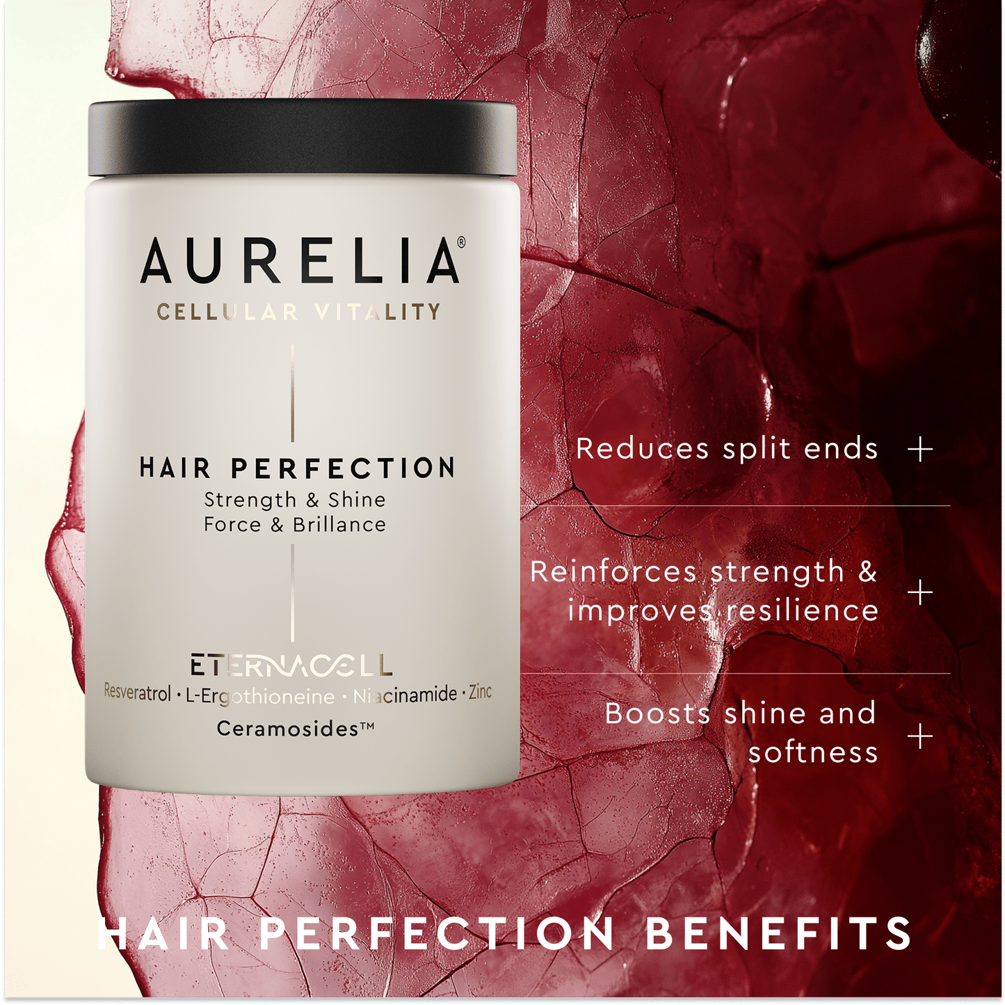 Aurelia Hair Perfection product container with benefits listed on a red and pink textured background