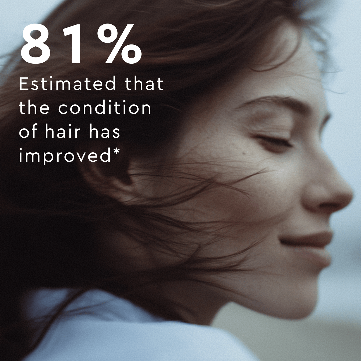 Woman with flowing hair and text indicating improved hair condition
