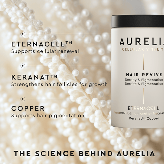 Aurelia hair care product with text highlighting ingredients and benefits on a pearl background