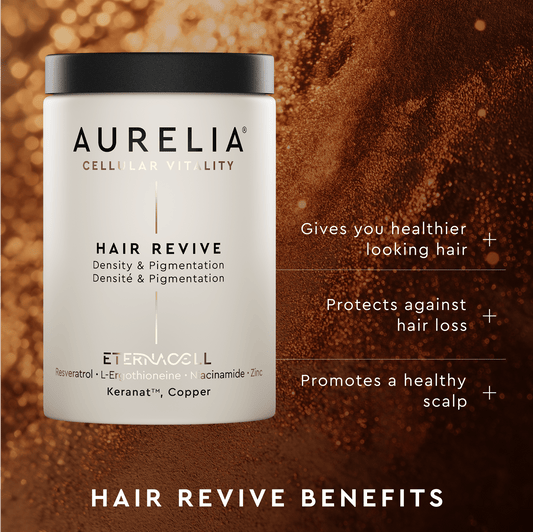 Aurelia Hair Revive product container with benefits text on a brown textured background