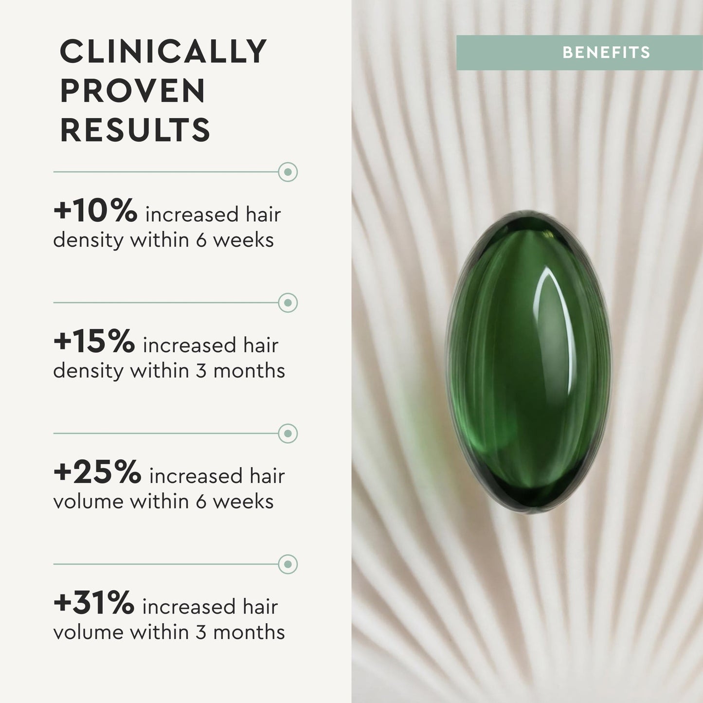 Green capsule on a white feather with clinically proven hair care benefits text.