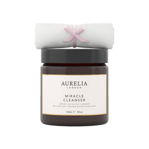 Aurelia London Miracle Cleanser with a white muslin on a white background