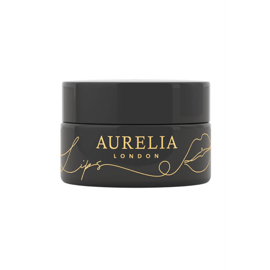 Black jar with gold aurelia london lips text on a white background