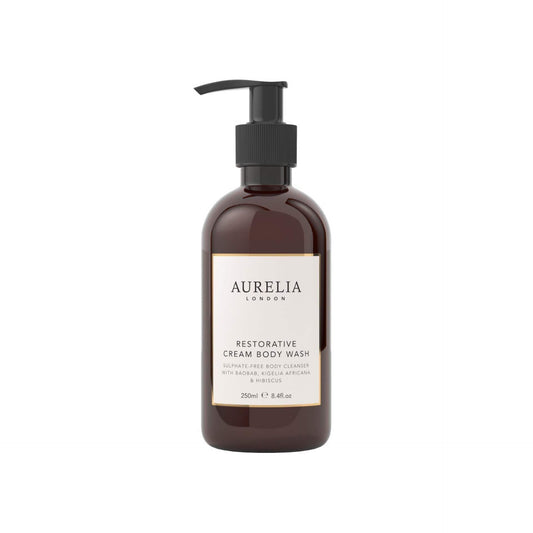 Brown bottle of Aurelia London restorative cream body wash on a white background